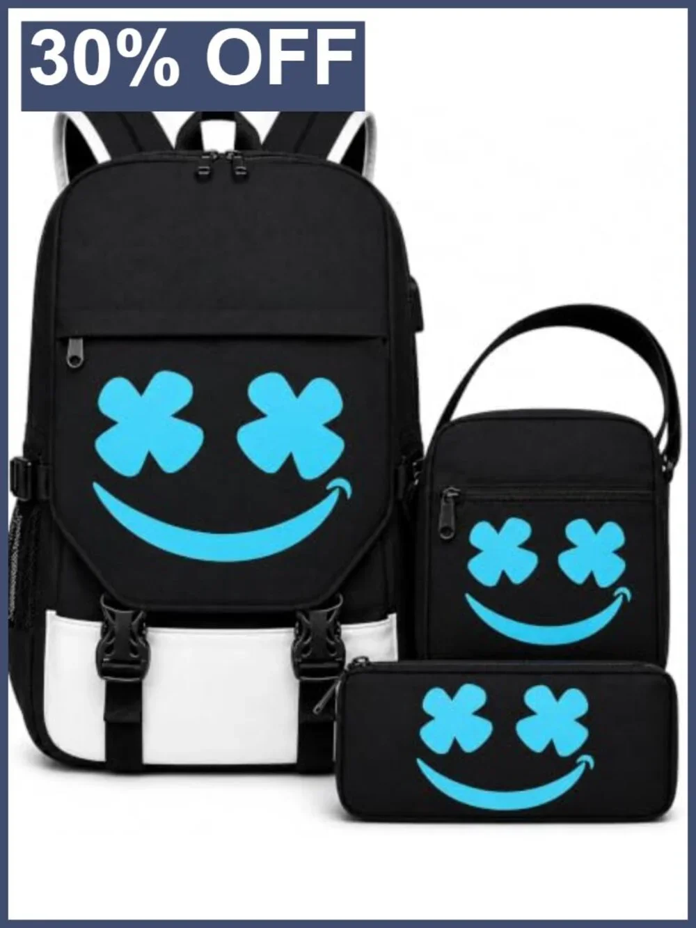 3-Piece Glow in the Dark Backpack Set with USB Port, Waterproof, School Kids